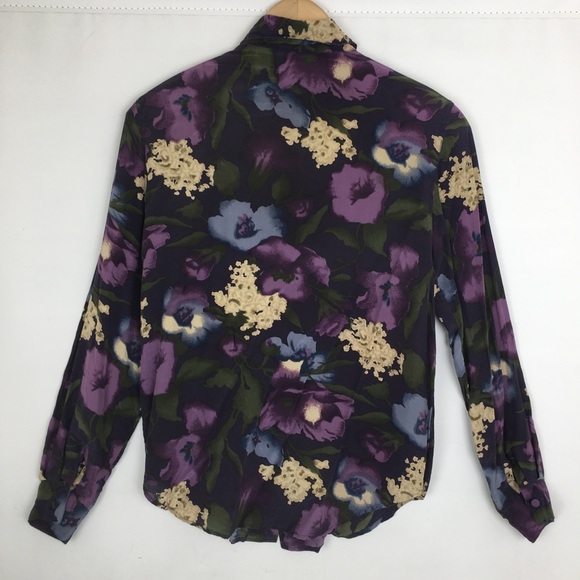 Allison Taylor Silk Blouse Dark Floral Button Up Women’s Size S Purple Feminine - Picture 9 of 10